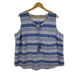 Talbots Sleeveless Striped Blouse Size 2X Tassel Cotton‎ Nautical Coastal Preppy